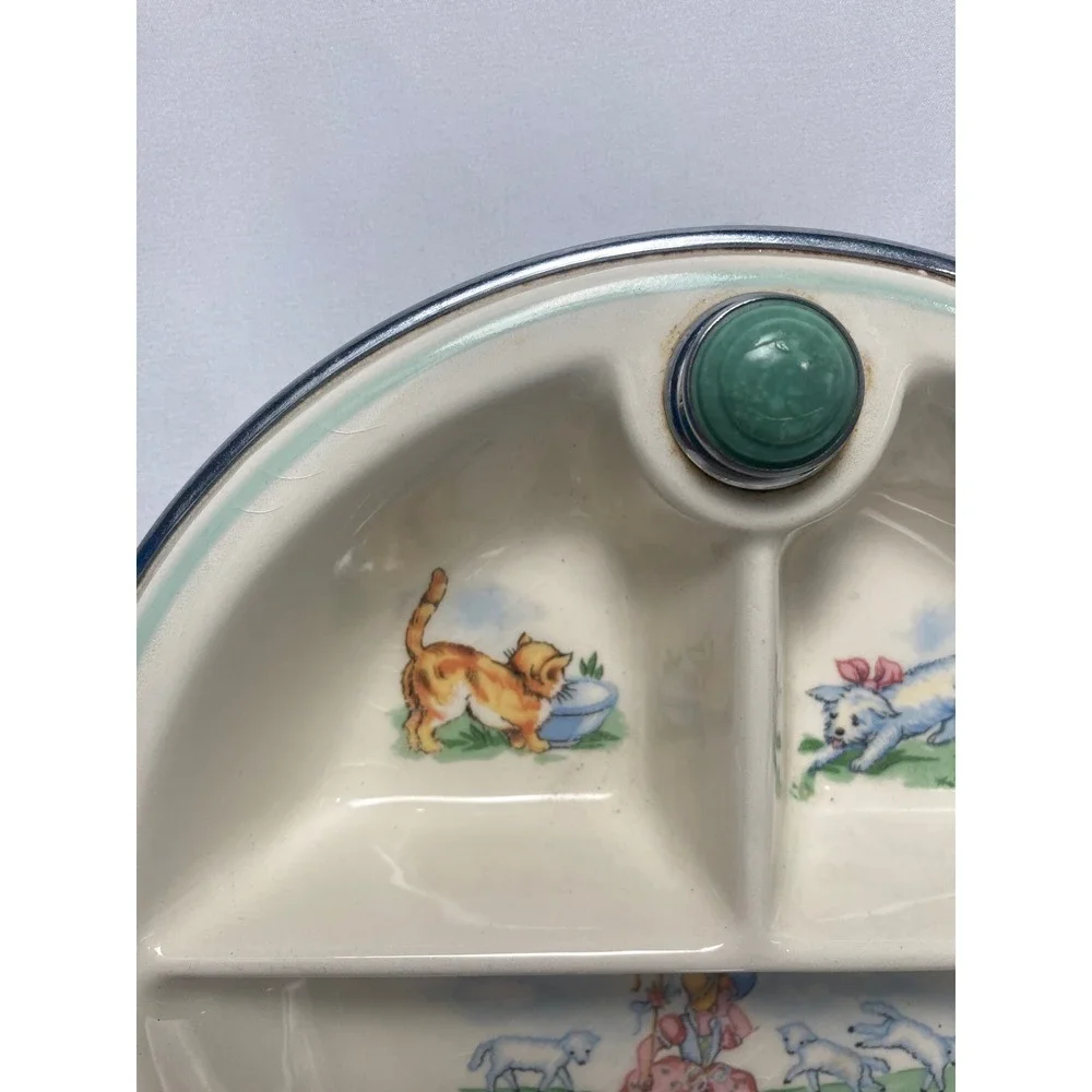 Vintage 1944 Bartsch Little Bo Peep Baby Warming Dish Divided Plate Chrome